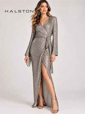 Halston Heritage NWT Silver Falan Sequin Wrap Cocktail Dress | Size 0